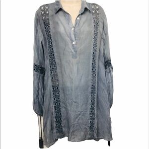 En Creme Blue Tunic Top Crochet Trim Long Sleeve Small Boho‎ Blouse